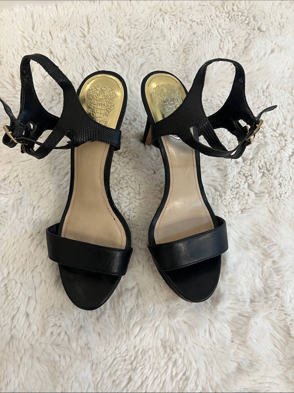 Vince Camuto Black Open-Toe Ankle Strap Heels with Gold Accents